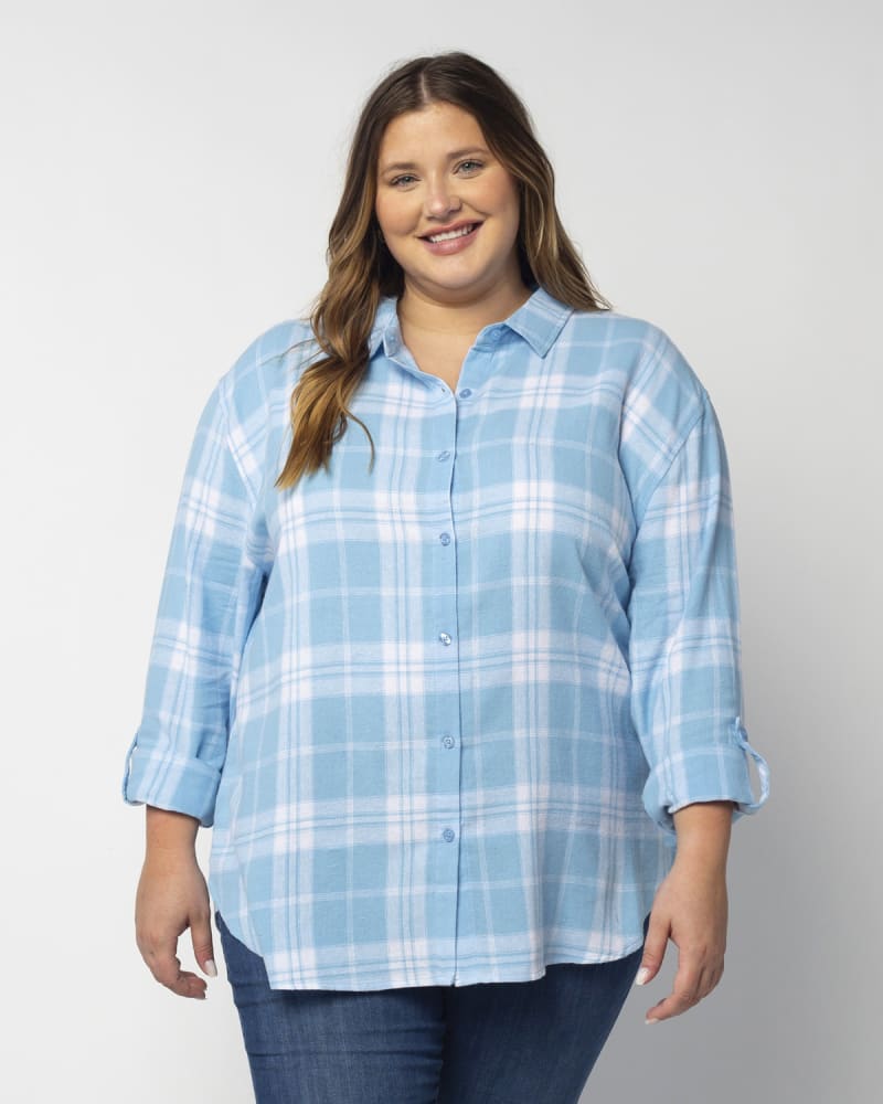 Front of a model wearing a size 1X Boyfriend Plaid in Light Blue by chicka-d. | dia_product_style_image_id:289403